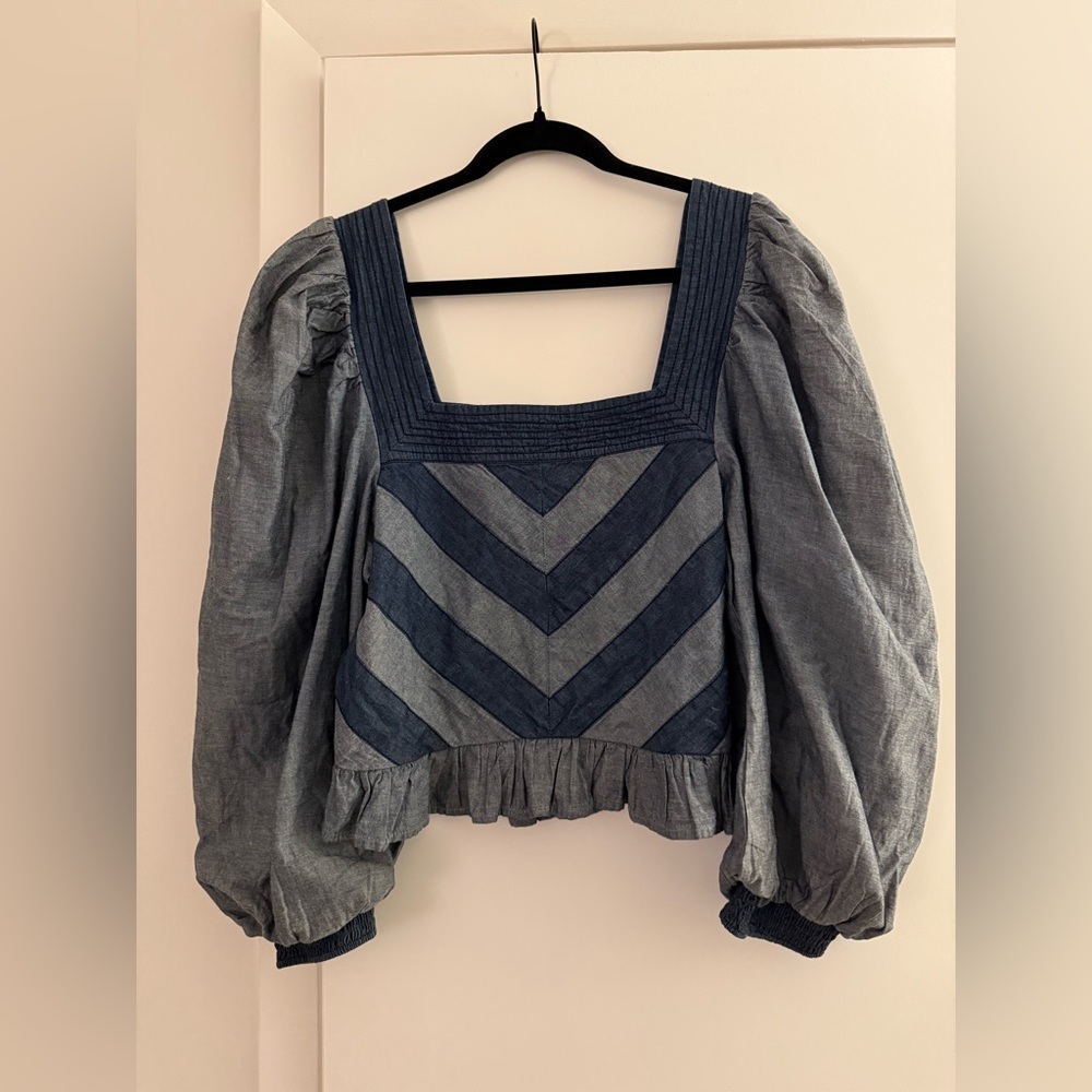 Blue Square Neck Puff Sleeve Crop Blouse